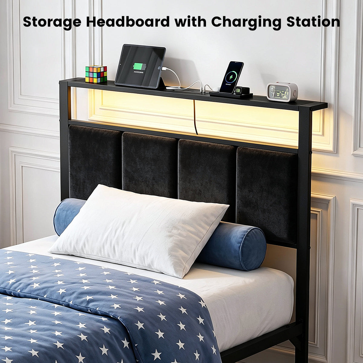 Bexfil Twin Size Bed Frame with Built in Charging Station and LED Light, Metal Platform Bed Frames with Storage Drawer, Noise-Free,Metal Support, No Box Spring Needed, Black