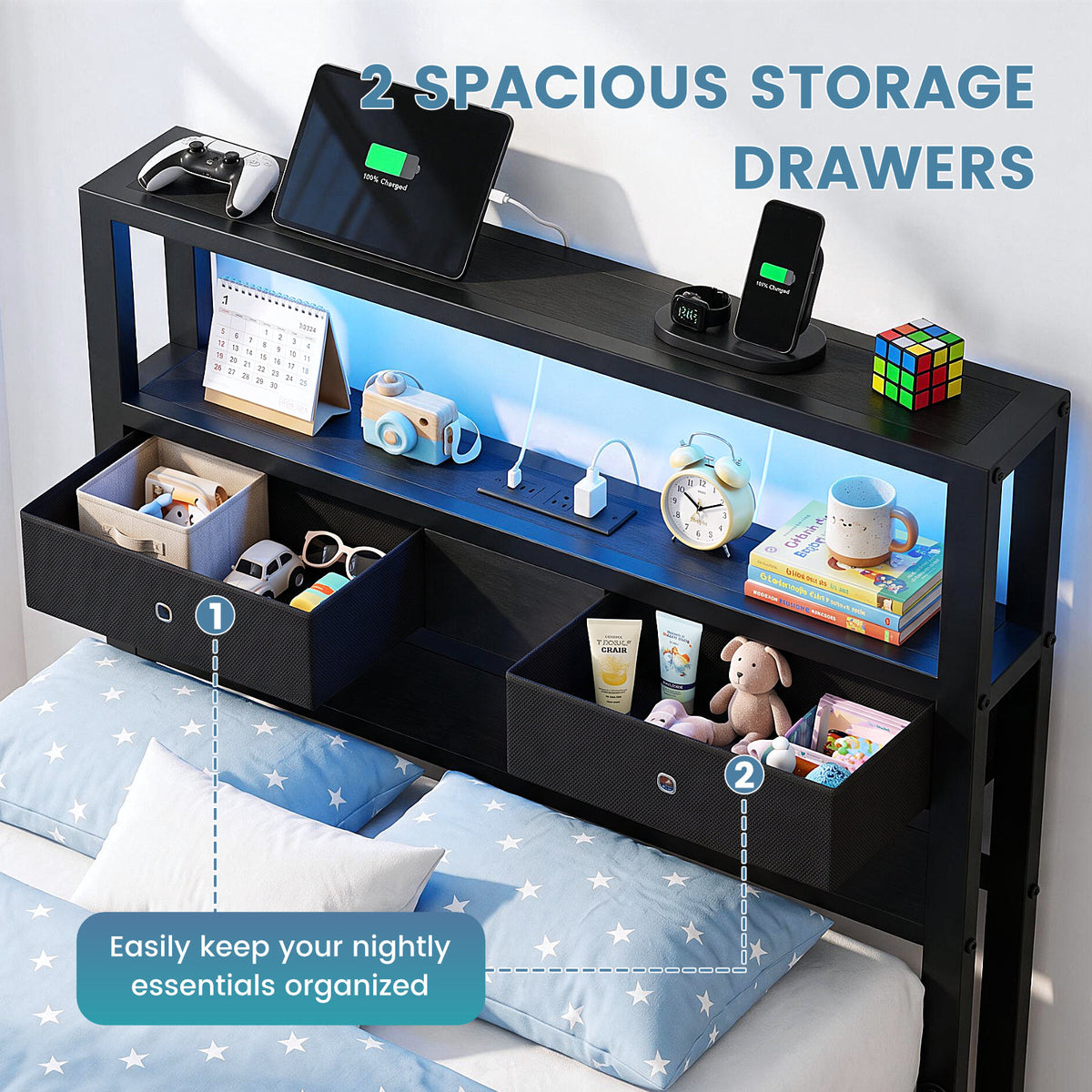 Kbun Twin Size Platforrm Bed Frame with LED Lights Headboard, 2 Storage Drawers and Charging Station, No Box Spring Needed, Easy Assembly