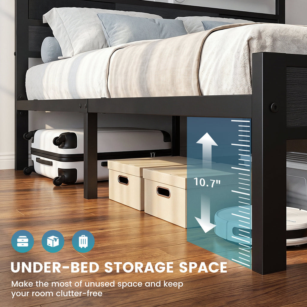 Kbun Twin Size Platforrm Bed Frame with LED Lights Headboard, 2 Storage Drawers and Charging Station, No Box Spring Needed, Easy Assembly