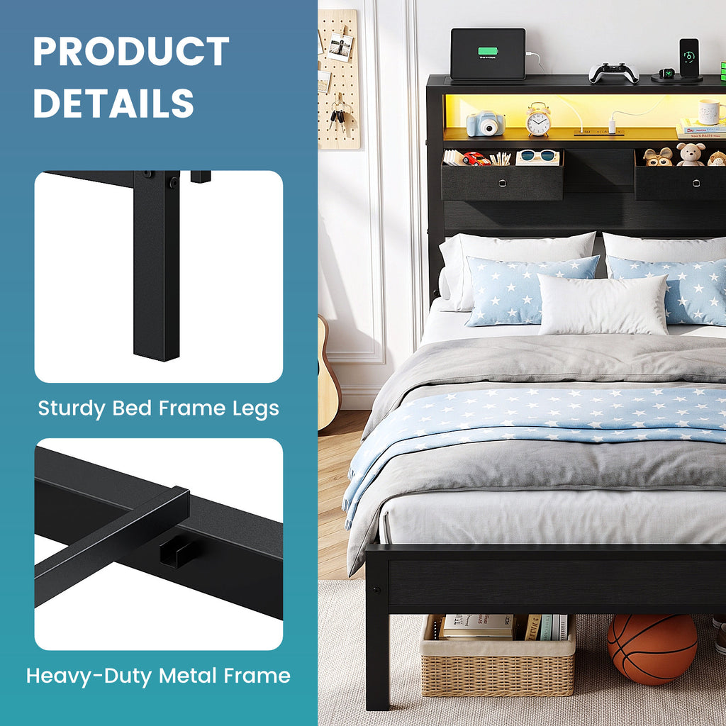 Kbun Twin Size Platforrm Bed Frame with LED Lights Headboard, 2 Storage Drawers and Charging Station, No Box Spring Needed, Easy Assembly