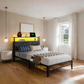 Kbun Twin Bed Frames,Industrial Metal Platform Bed Frame,Heavy Duty Steel Slats Support Up to 900 lbs,Upholstered Headboardand 9 Thickened Legs,No Box Spring Needed, Noise-Free,Brown