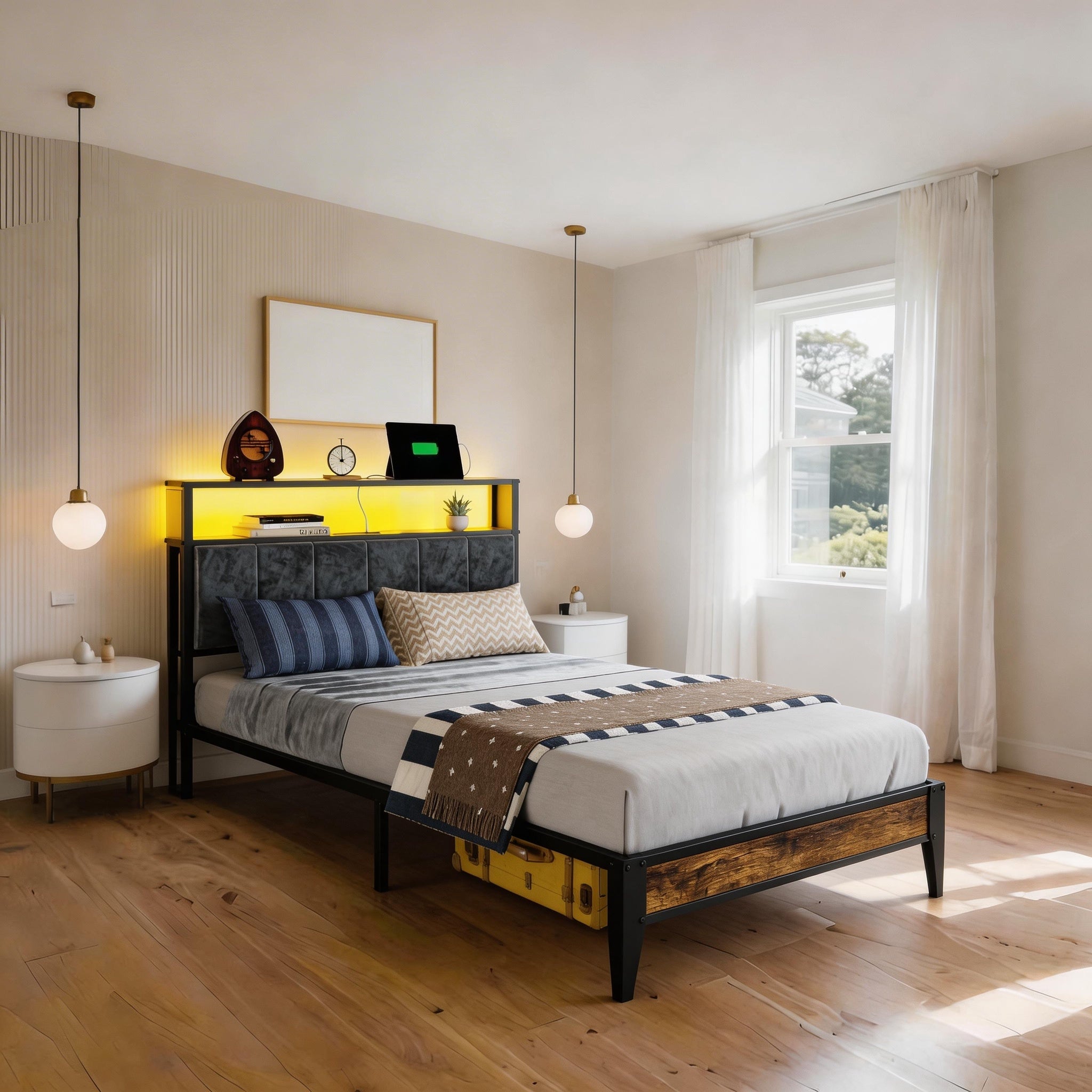 Kbun Twin Bed Frames,Industrial Metal Platform Bed Frame,Heavy Duty Steel Slats Support Up to 900 lbs,Upholstered Headboardand 9 Thickened Legs,No Box Spring Needed, Noise-Free,Brown