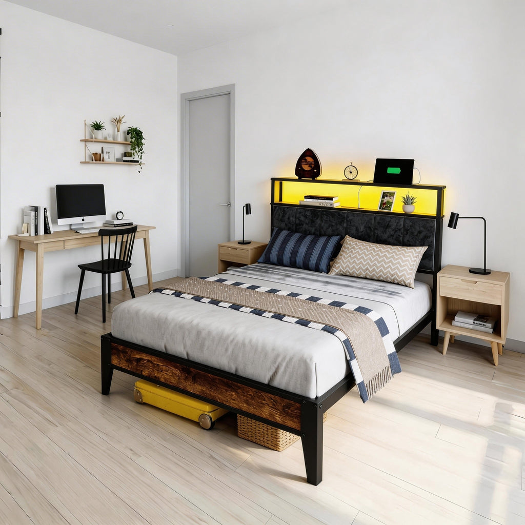 Kbun Twin Bed Frames,Industrial Metal Platform Bed Frame,Heavy Duty Steel Slats Support Up to 900 lbs,Upholstered Headboardand 9 Thickened Legs,No Box Spring Needed, Noise-Free,Brown