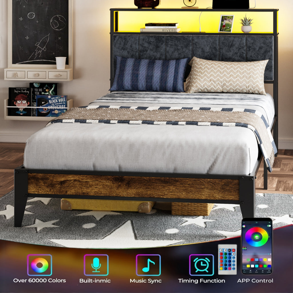 Kbun Twin Bed Frames,Industrial Metal Platform Bed Frame,Heavy Duty Steel Slats Support Up to 900 lbs,Upholstered Headboardand 9 Thickened Legs,No Box Spring Needed, Noise-Free,Brown