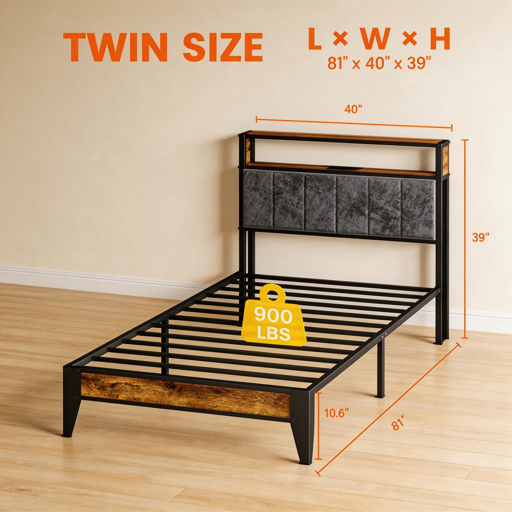 Kbun Twin Bed Frames,Industrial Metal Platform Bed Frame,Heavy Duty Steel Slats Support Up to 900 lbs,Upholstered Headboardand 9 Thickened Legs,No Box Spring Needed, Noise-Free,Brown