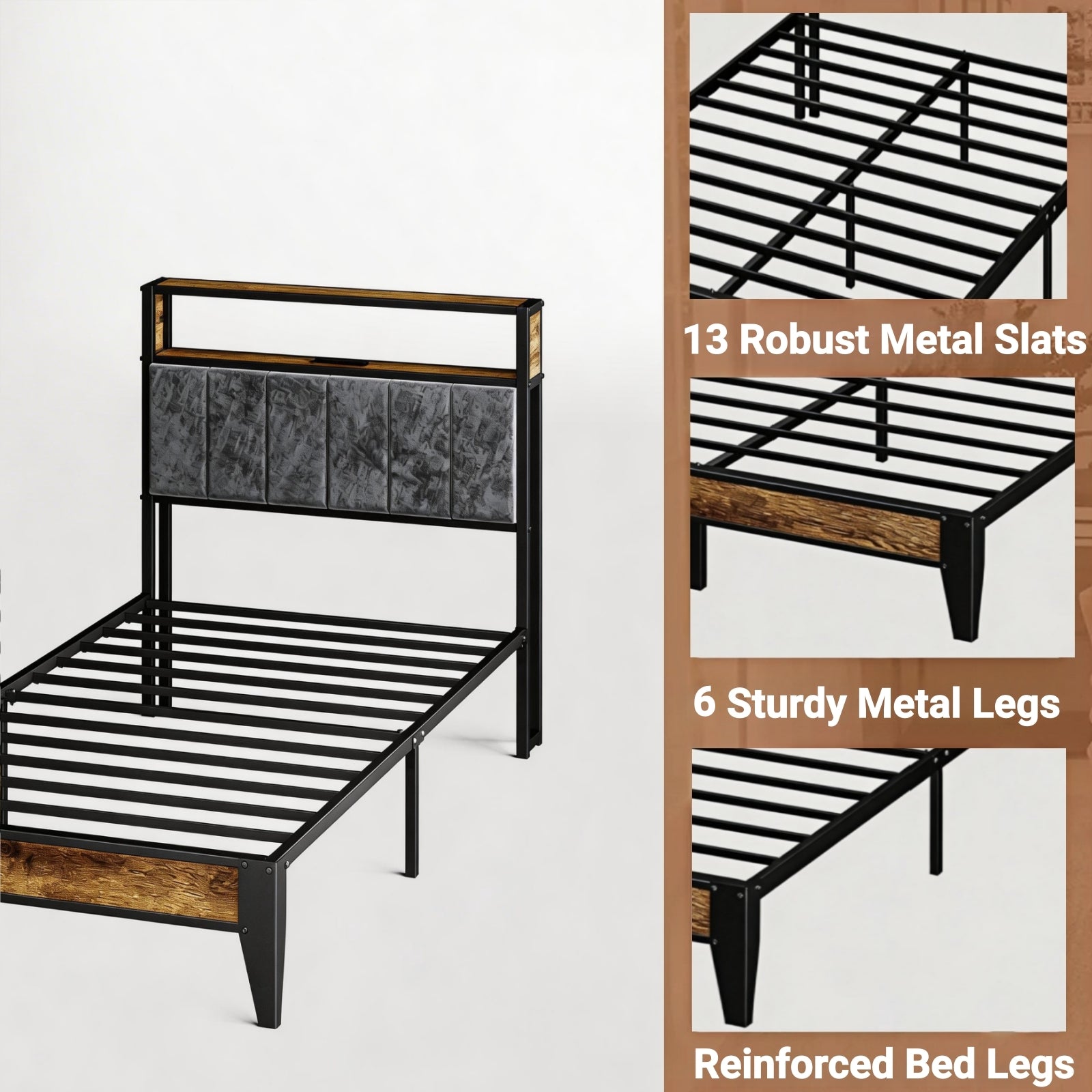 Kbun Twin Bed Frames,Industrial Metal Platform Bed Frame,Heavy Duty Steel Slats Support Up to 900 lbs,Upholstered Headboardand 9 Thickened Legs,No Box Spring Needed, Noise-Free,Brown