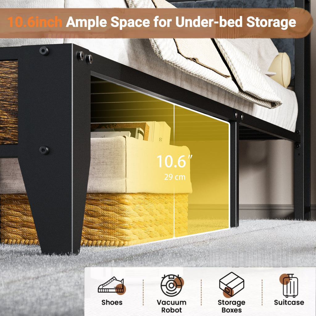 Kbun Twin Bed Frames,Industrial Metal Platform Bed Frame,Heavy Duty Steel Slats Support Up to 900 lbs,Upholstered Headboardand 9 Thickened Legs,No Box Spring Needed, Noise-Free,Brown