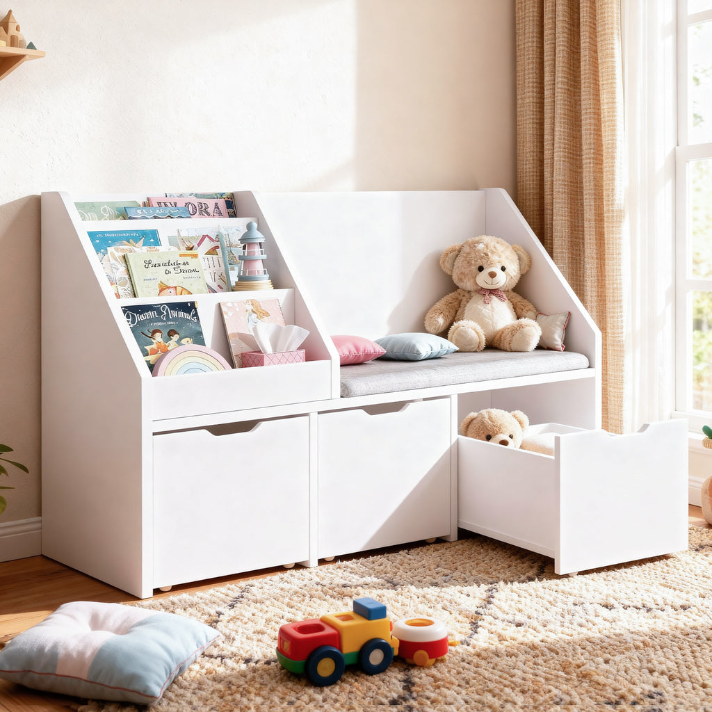 Bexfil Kids Bookshelf with Reading Nook and 3 Drawers, Reading Bench Bookshelf, Kids Bookcase 3-in-1 Storage Organizer Cozy Built-in Seat