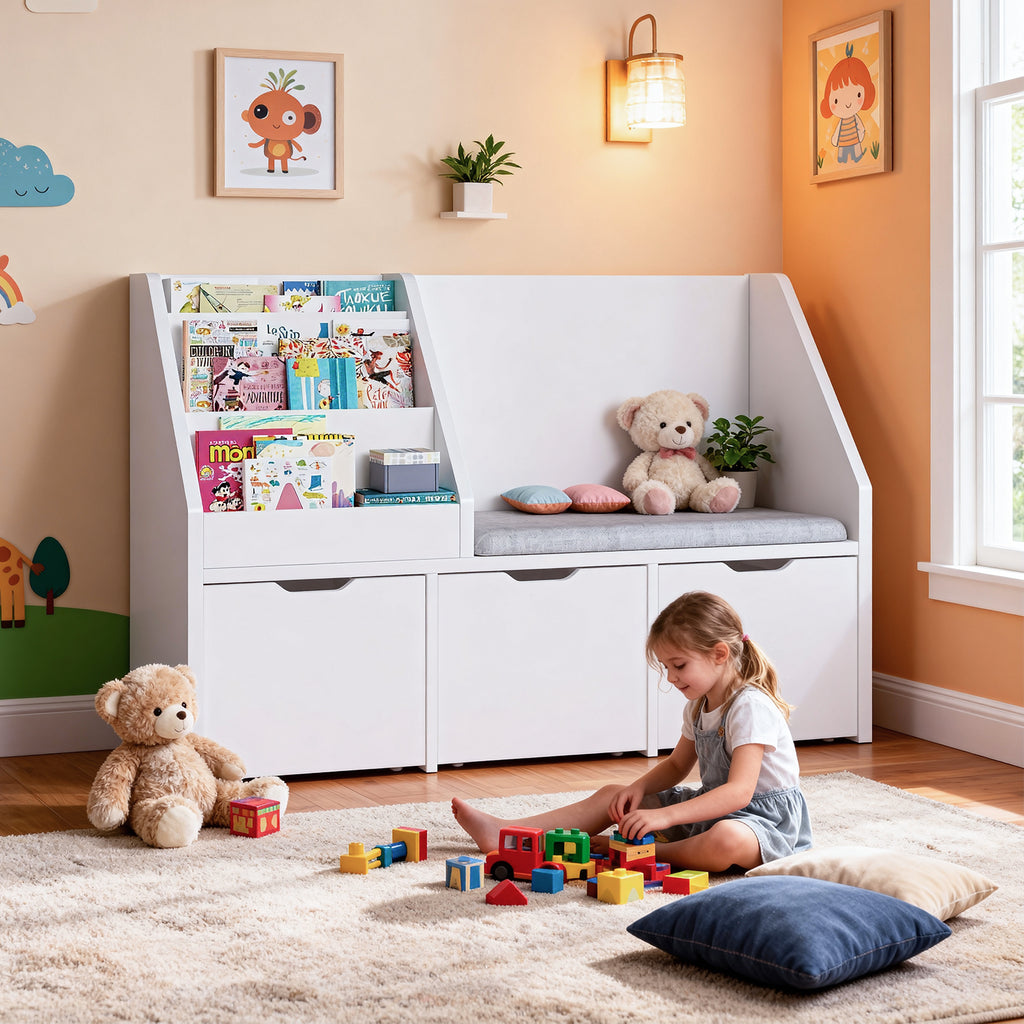 Bexfil Kids Bookshelf with Reading Nook and 3 Drawers, Reading Bench Bookshelf, Kids Bookcase 3-in-1 Storage Organizer Cozy Built-in Seat