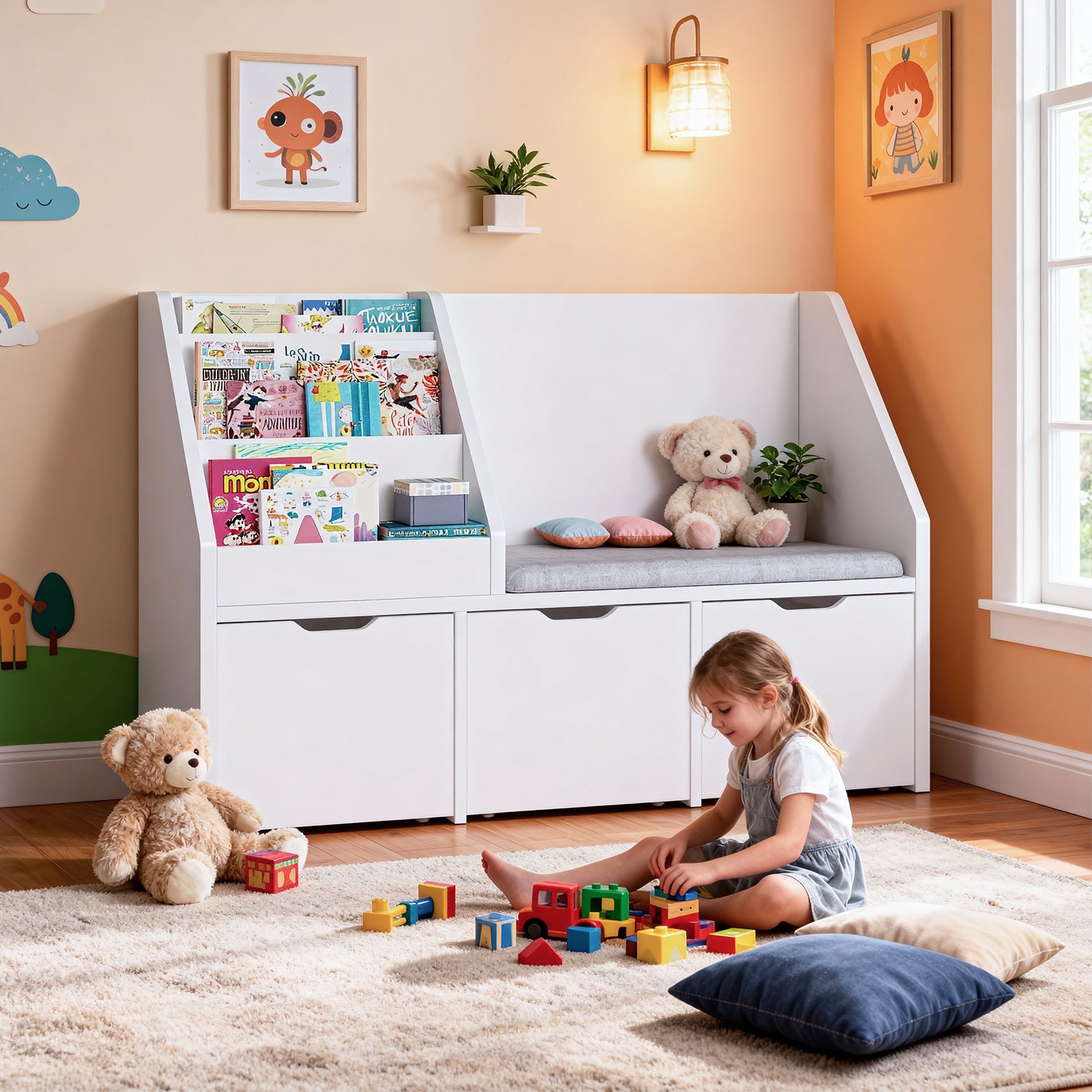 Bexfil Kids Bookshelf with Reading Nook and 3 Drawers, Reading Bench Bookshelf, Kids Bookcase 3-in-1 Storage Organizer Cozy Built-in Seat