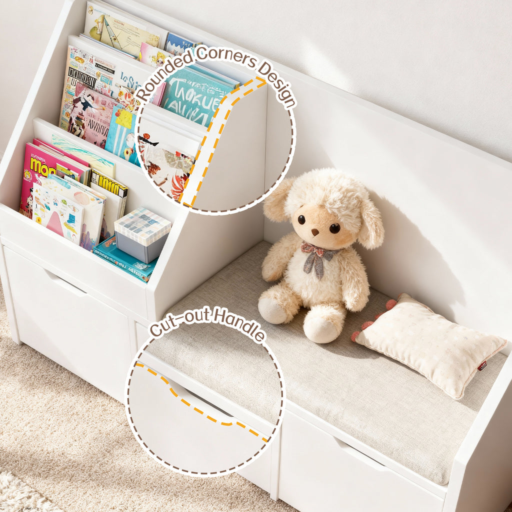 Bexfil Kids Bookshelf with Reading Nook and 3 Drawers, Reading Bench Bookshelf, Kids Bookcase 3-in-1 Storage Organizer Cozy Built-in Seat