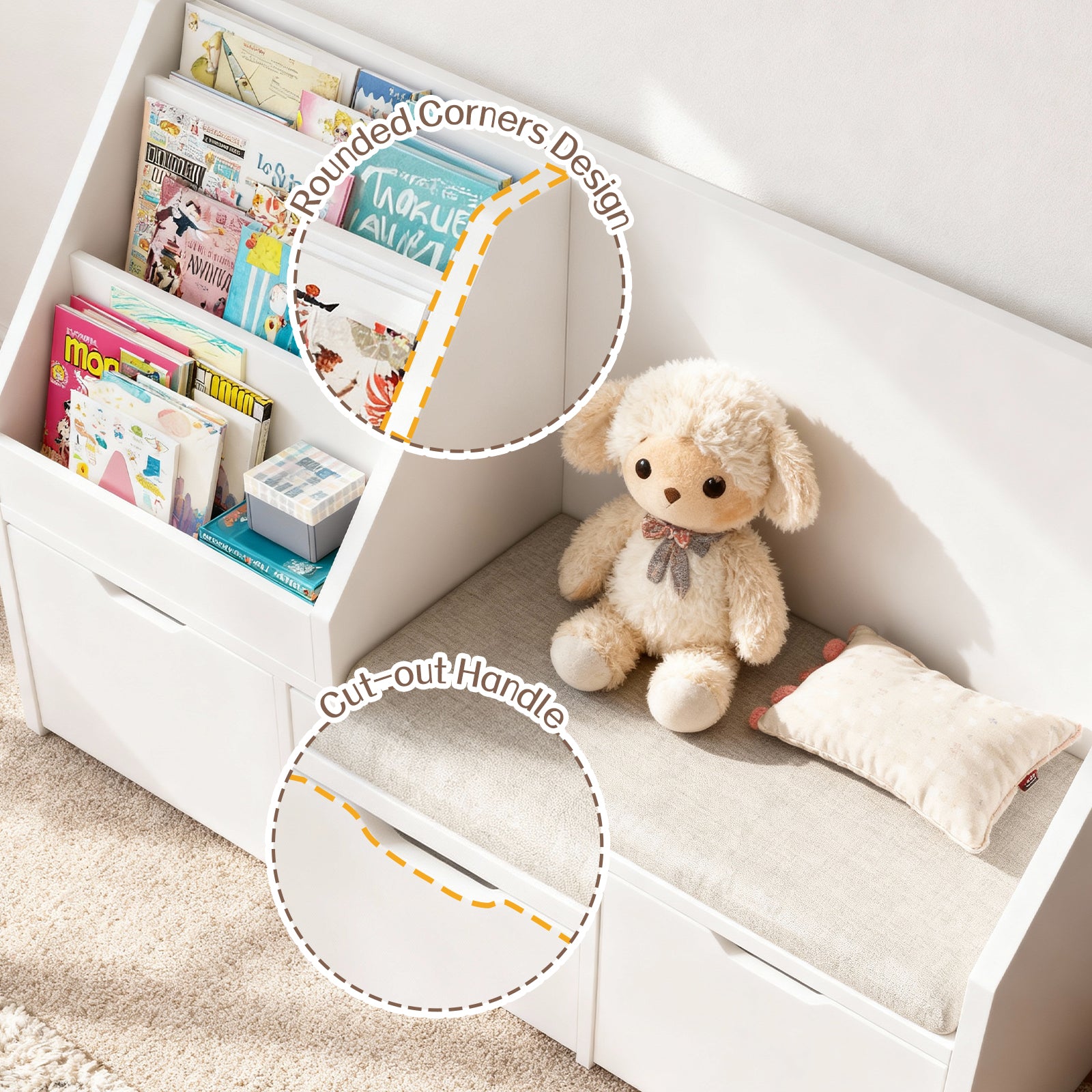 Bexfil Kids Bookshelf with Reading Nook and 3 Drawers, Reading Bench Bookshelf, Kids Bookcase 3-in-1 Storage Organizer Cozy Built-in Seat