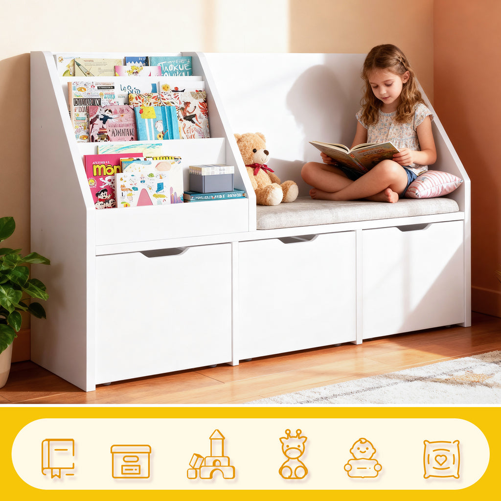 Bexfil Kids Bookshelf with Reading Nook and 3 Drawers, Reading Bench Bookshelf, Kids Bookcase 3-in-1 Storage Organizer Cozy Built-in Seat