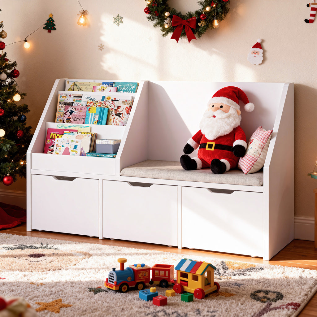 Bexfil Kids Bookshelf with Reading Nook and 3 Drawers, Reading Bench Bookshelf, Kids Bookcase 3-in-1 Storage Organizer Cozy Built-in Seat