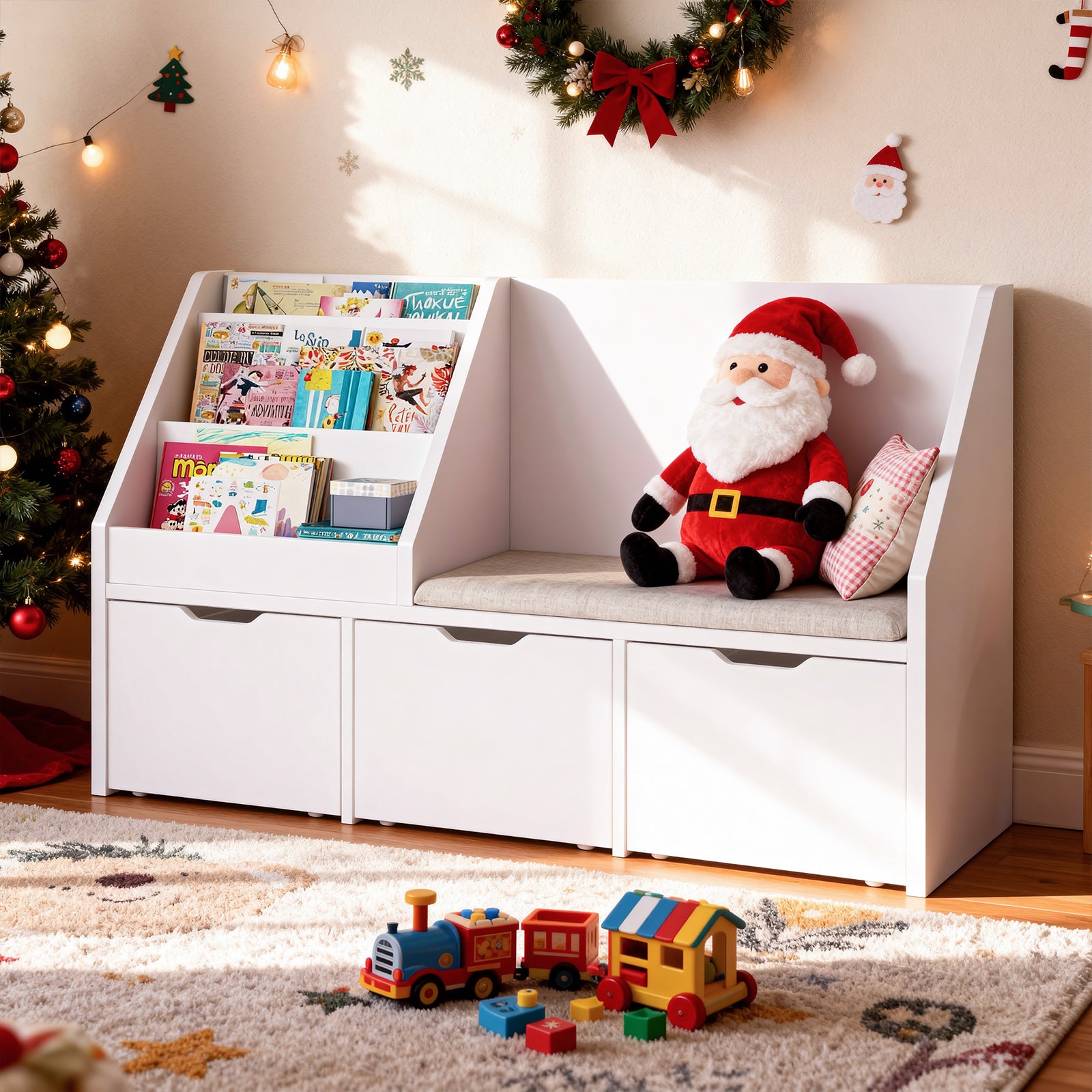 Bexfil Kids Bookshelf with Reading Nook and 3 Drawers, Reading Bench Bookshelf, Kids Bookcase 3-in-1 Storage Organizer Cozy Built-in Seat
