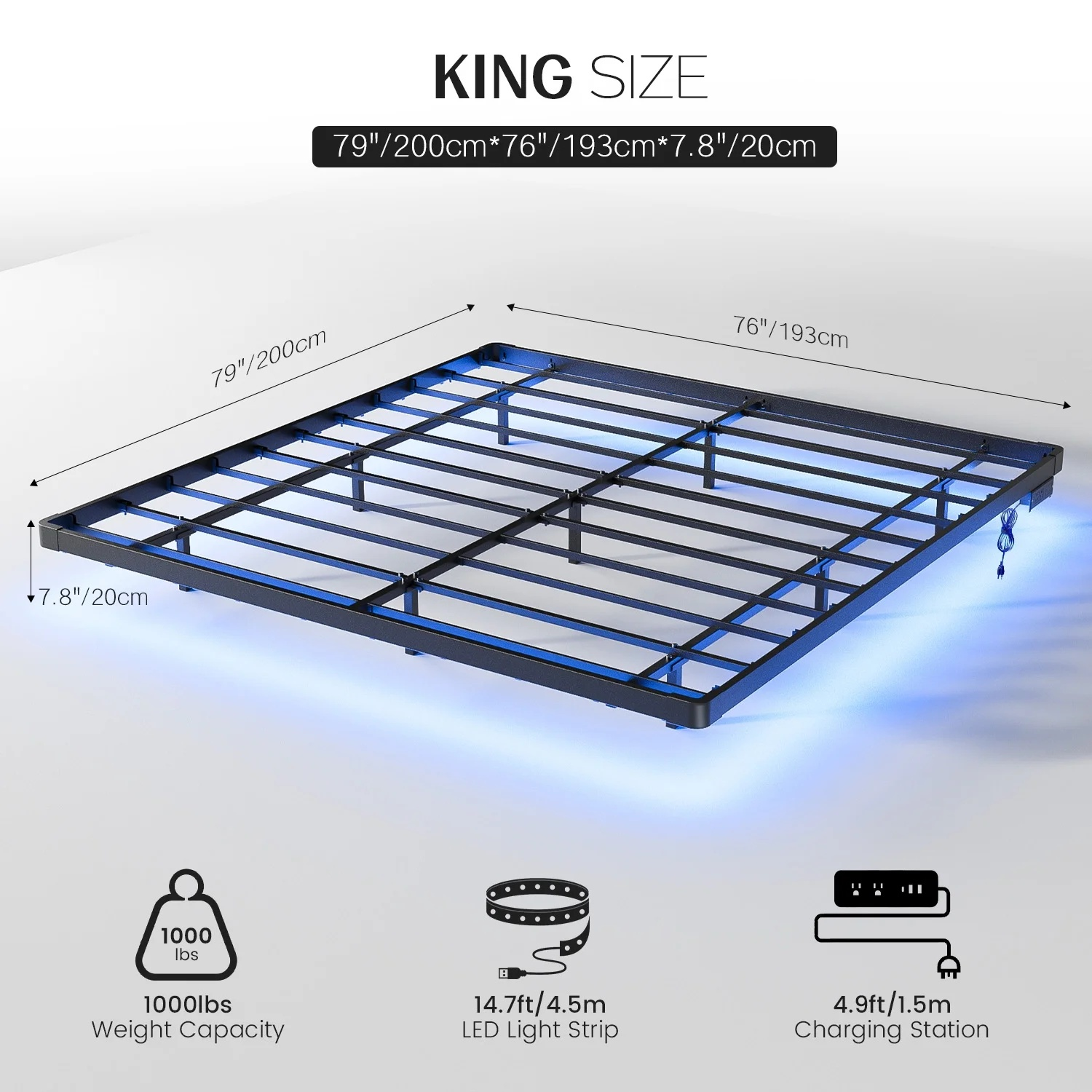 Dayago Floating Bed Frame King Size with LED Lights and Charging Station,Modern Metal Platform,No Box Spring Required