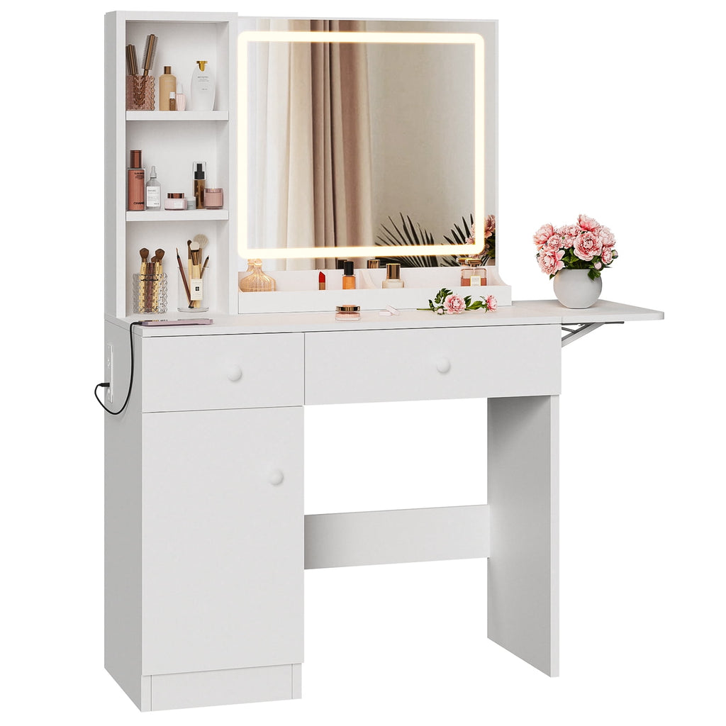 Bexfil Vanity Set Dressing Table and Chair Set with 3 Lighting Modes, Makeup Vanity Desk Mirror and Lights, White