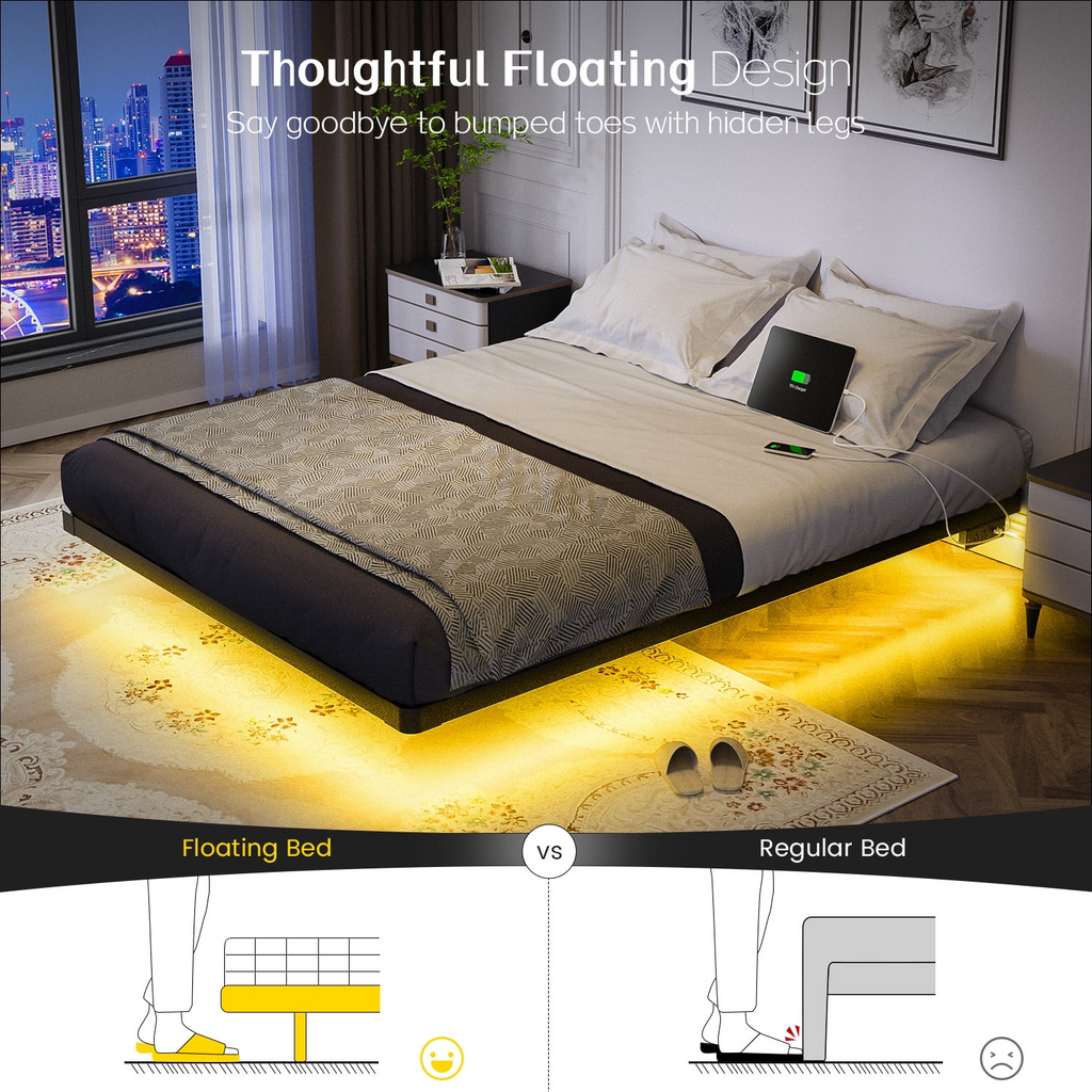 Dayago Modern Floating Queen Bed Frame with LED Lights and Charging Station No Box Spring Required