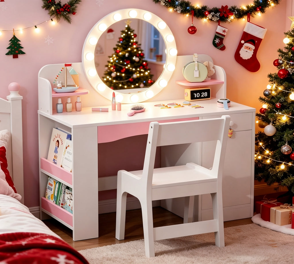 Kbun 35 in Wooden Kids' Vanity Set, Princess Style Dressing Table, Stool, and Furniture Set for Girls Ideal Birthday Gift ,White