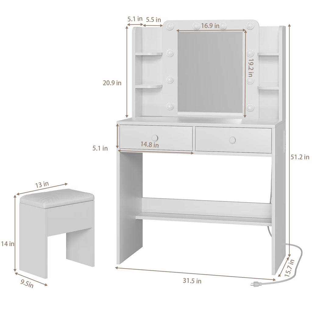 Bexfil Makeup Vanity Desk With Mirror And Lights, With Large Drawer and 6 Open Level Storage, Large Led Mirror With 3 Color Lighting Modes