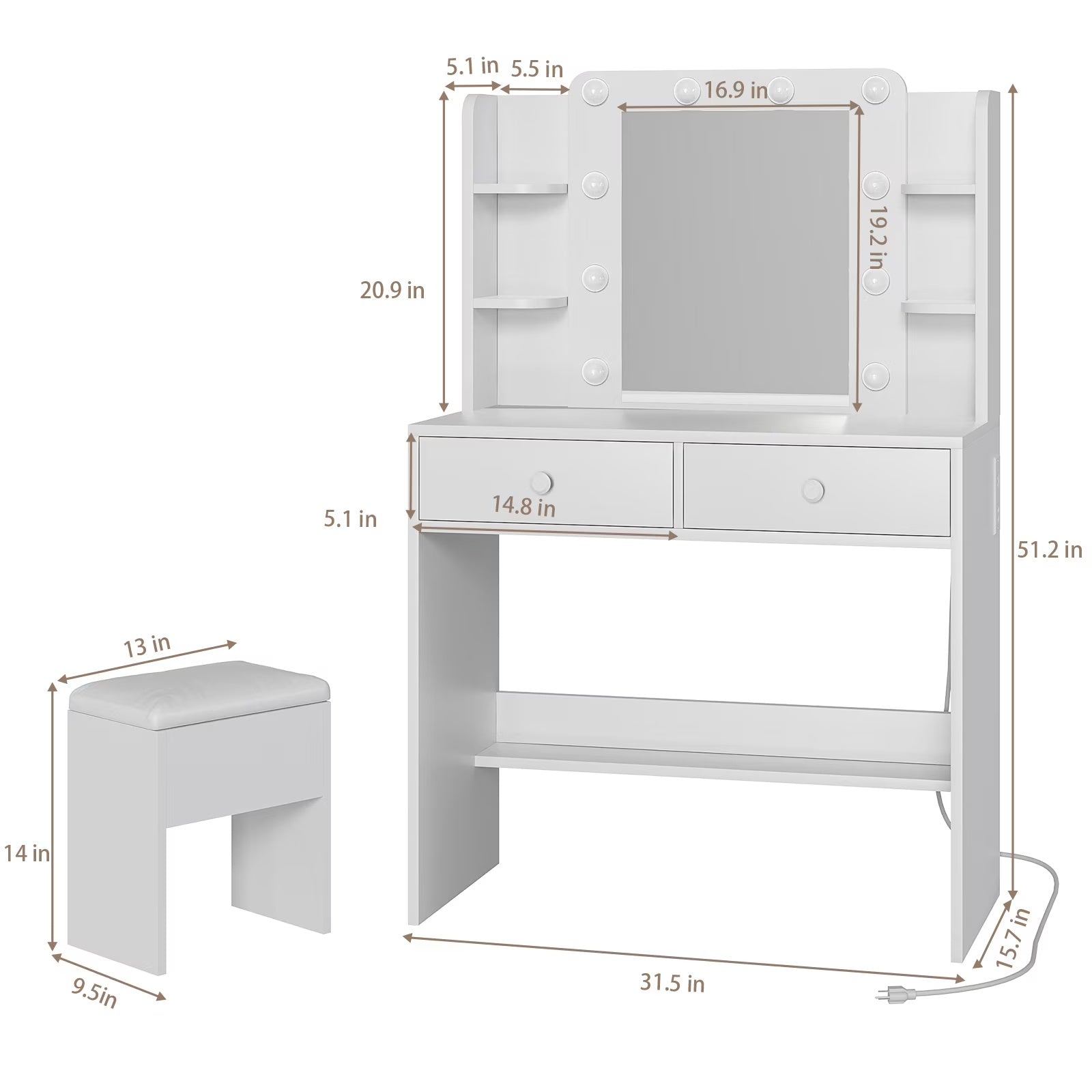 Bexfil Makeup Vanity Desk With Mirror And Lights, With Large Drawer and 6 Open Level Storage, Large Led Mirror With 3 Color Lighting Modes