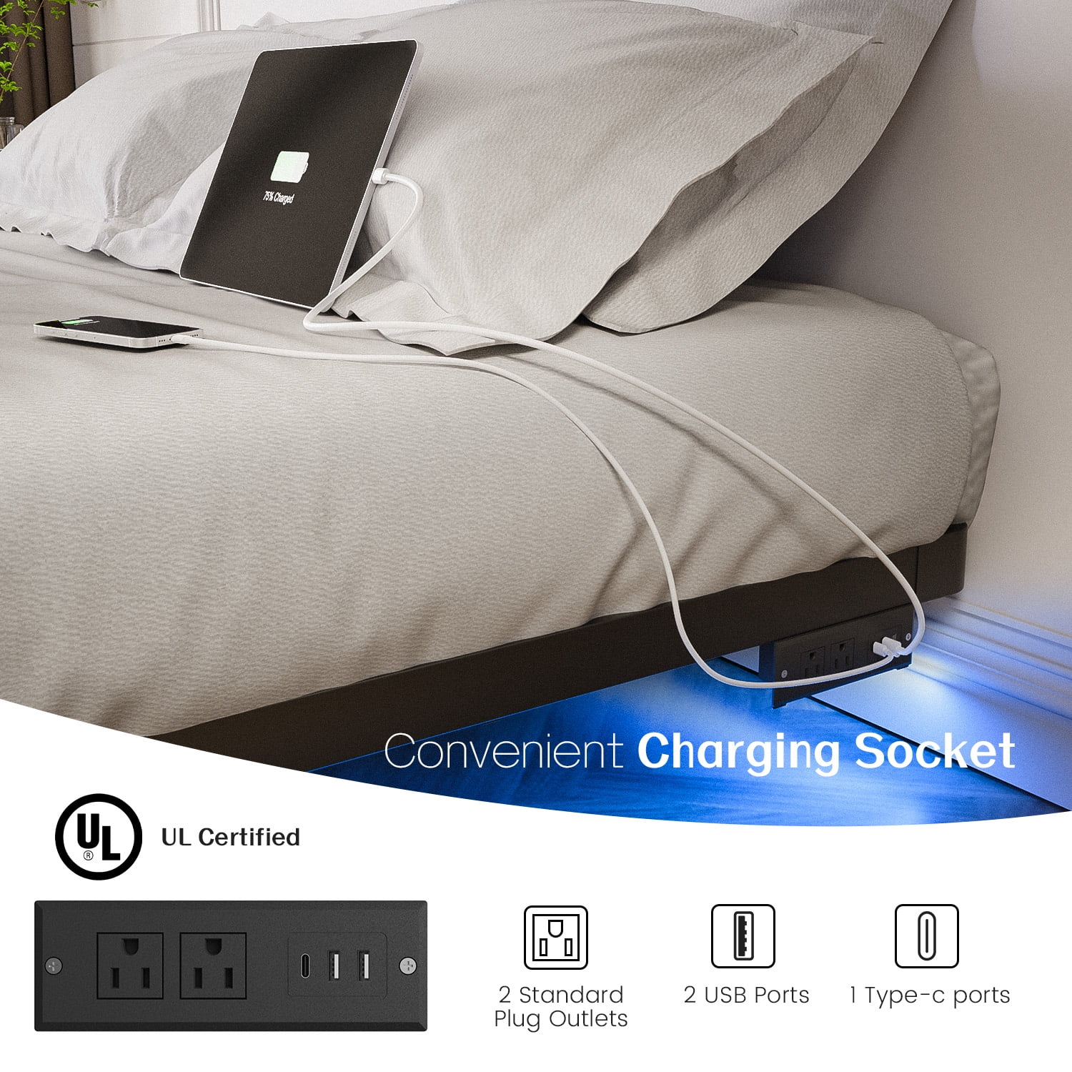 Dayago Modern Floating Queen Bed Frame with LED Lights and Charging Station No Box Spring Required