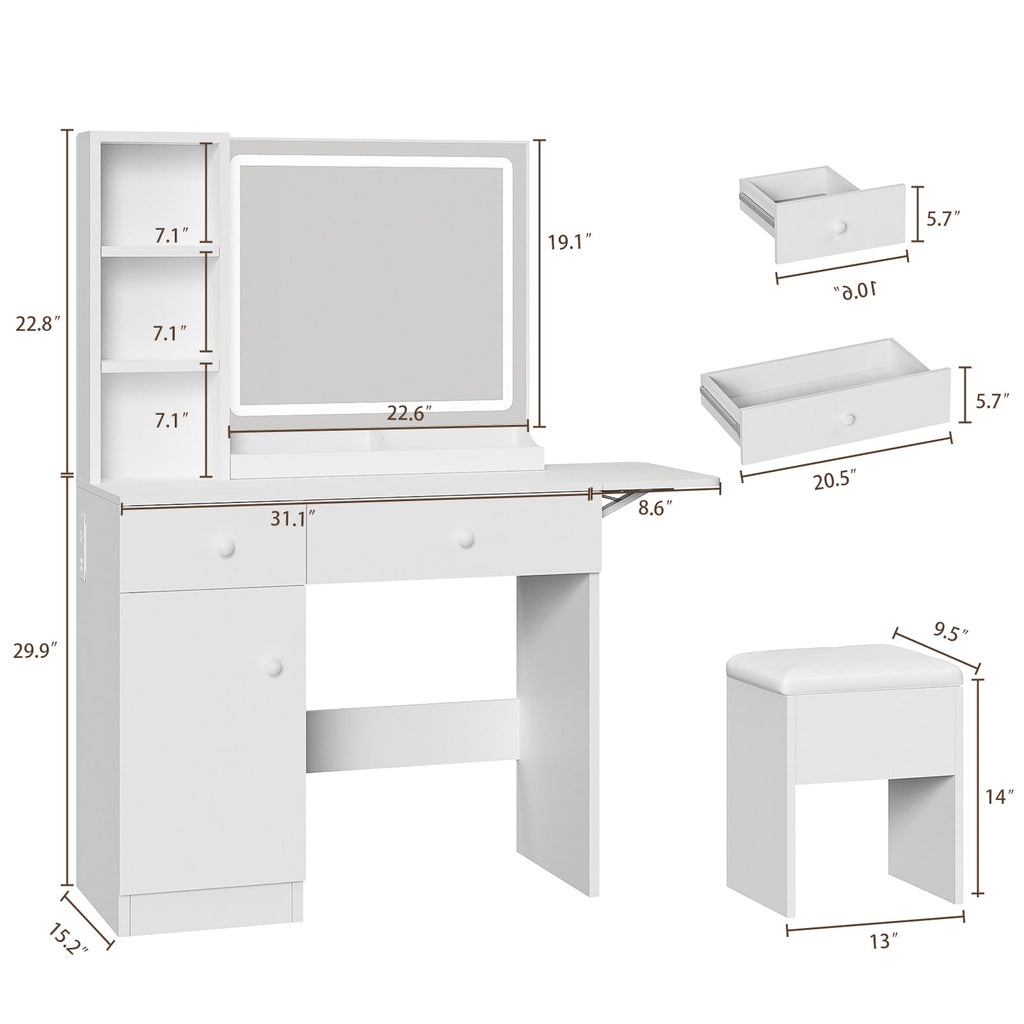 Bexfil Vanity Set Dressing Table and Chair Set with 3 Lighting Modes, Makeup Vanity Desk Mirror and Lights, White