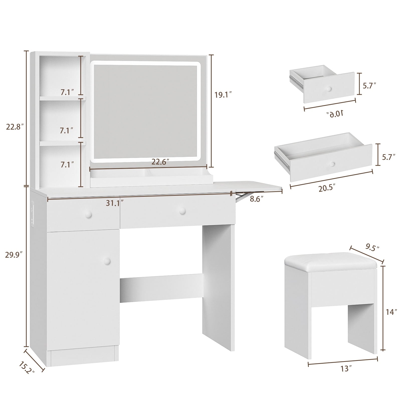 Bexfil Vanity Set Dressing Table and Chair Set with 3 Lighting Modes, Makeup Vanity Desk Mirror and Lights, White