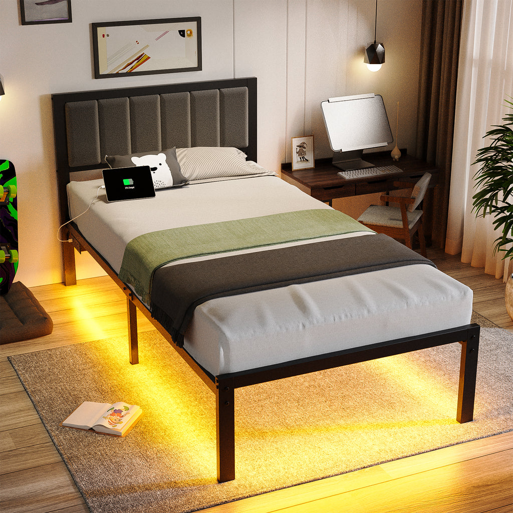 Dayago Twin Size Bed Frame with Upholstered Headboard, Adjustable LED Lights and Power Outlet, No Box Spring Required