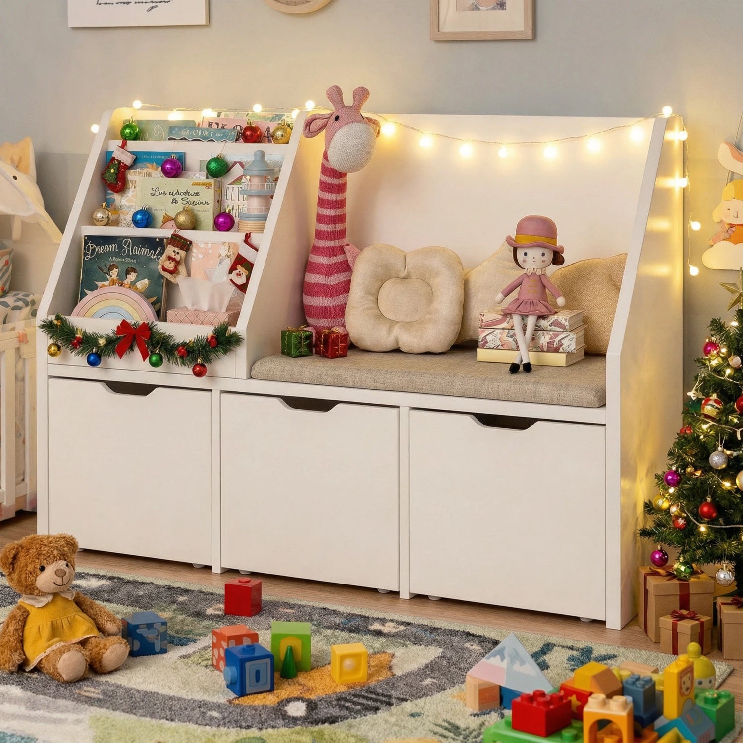 Kbun 40in Kids Bookshelf, Book Wood Storage Organizer with 3 Large Drawers, Toy Storage Organizer for Playroom Bedroom, White