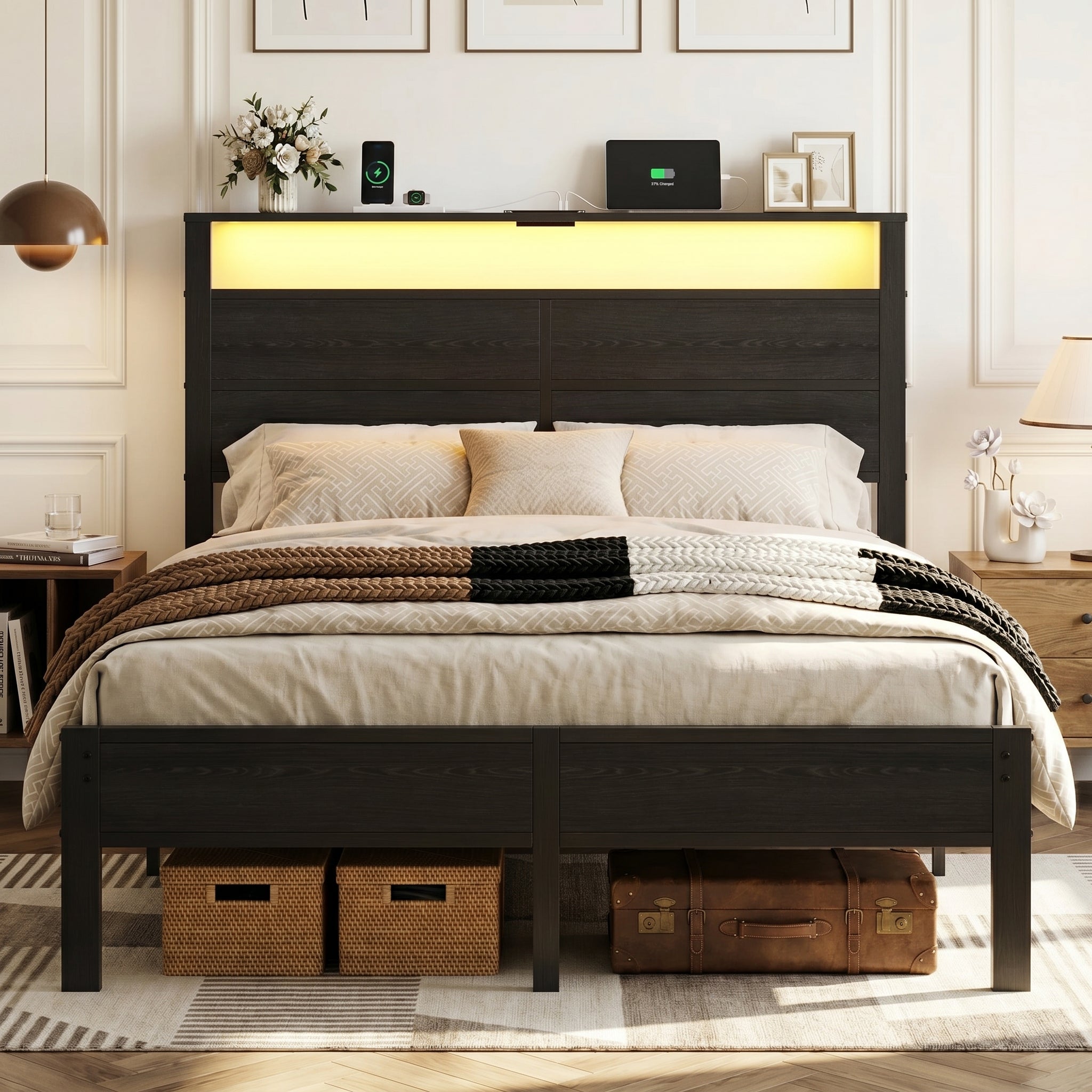 Dayago Queen Bed Frames with Charging Station and LED Lights, Queen Size Wood Headboard Platform Bed with Metal Slats, No Box Spring Needed and Noise Free, Black Oak