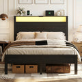 Bexfil Queen Size LED Bed Frame with Charging Station, Modern Metal Platform Bed with Wood Headboard, Black Oak