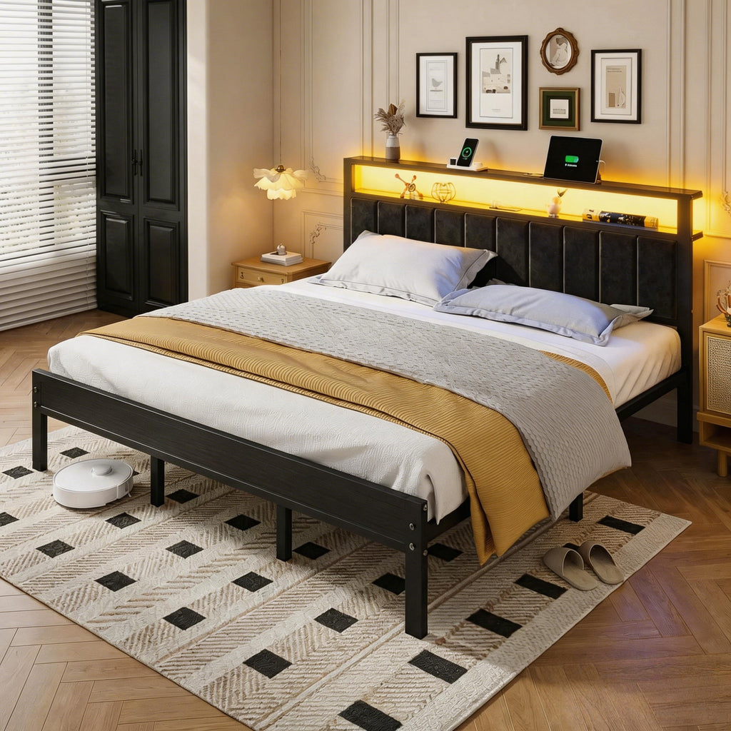 Dayago Upholstered King Size Bed Frame with LED Lights Charging Station Shelf Headboard Heavy Duty Metal Platform Bed, Noise Free,Black