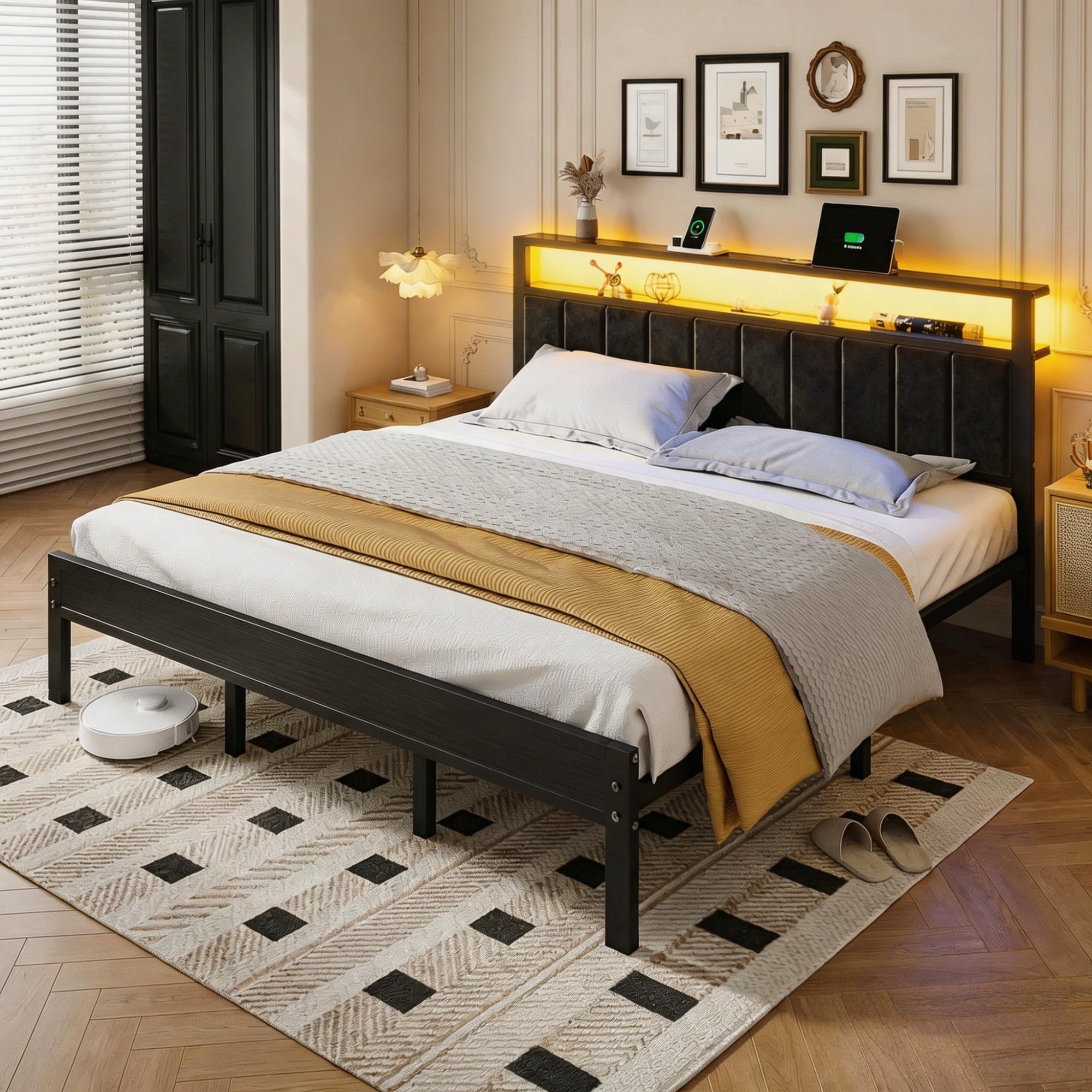 Dayago Upholstered King Size Bed Frame with LED Lights Charging Station Shelf Headboard Heavy Duty Metal Platform Bed, Noise Free,Black