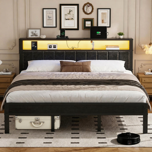 Bexfil King Size Bed Frame with LED Lights, Charging Station and Shelf Upholstered Headboard, Heavy Duty Metal Platform Bed, Noise Free, No Box Spring Needed, Black