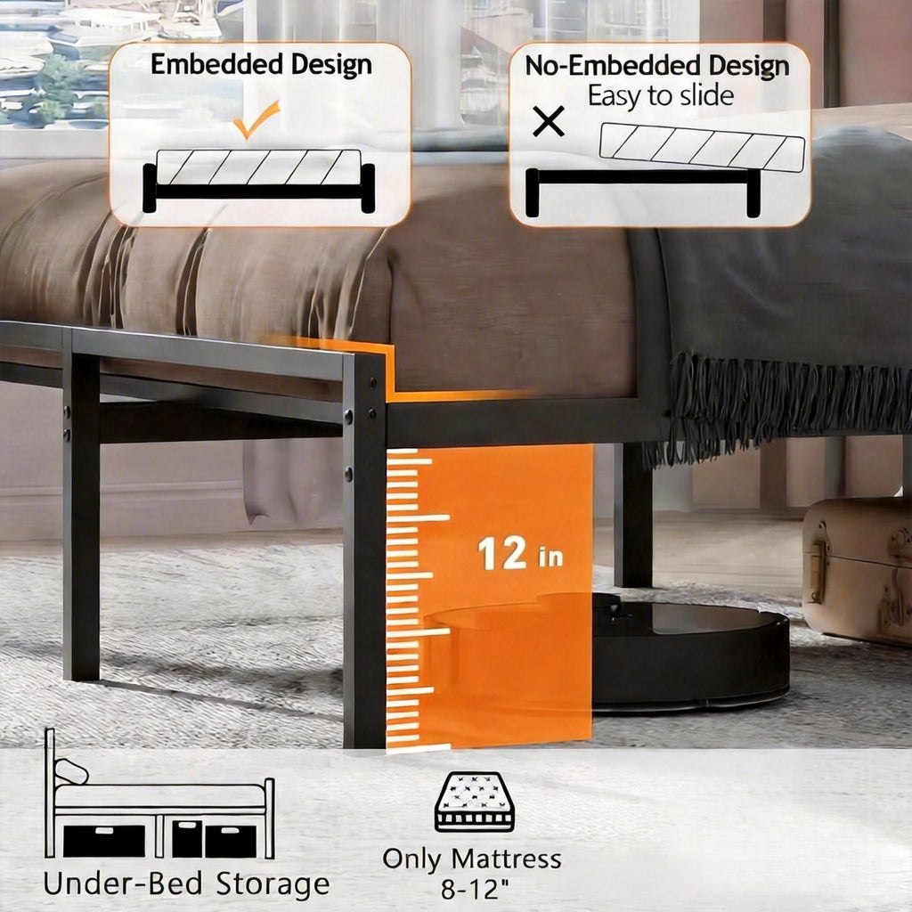 Bexfil Twin Size Upholstered Bed Frame with Metal Slat Support, Metal Platform Bed Frame Charging Station Mattress Foundation, Gray