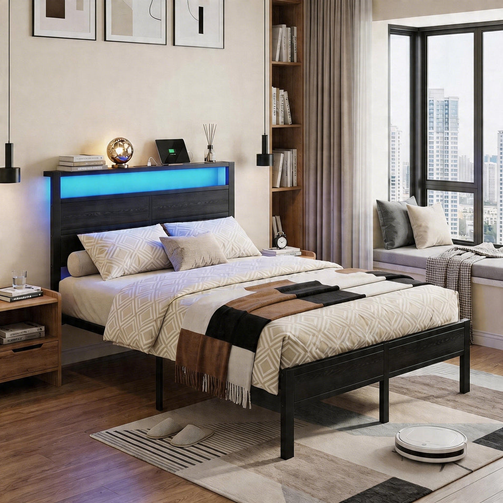 Dayago Queen Bed Frames with Charging Station and LED Lights, Queen Size Wood Headboard Platform Bed with Metal Slats, No Box Spring Needed and Noise Free, Black Oak