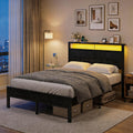 Dayago Queen Bed Frames with Charging Station and LED Lights, Queen Size Wood Headboard Platform Bed with Metal Slats, No Box Spring Needed and Noise Free, Black Oak
