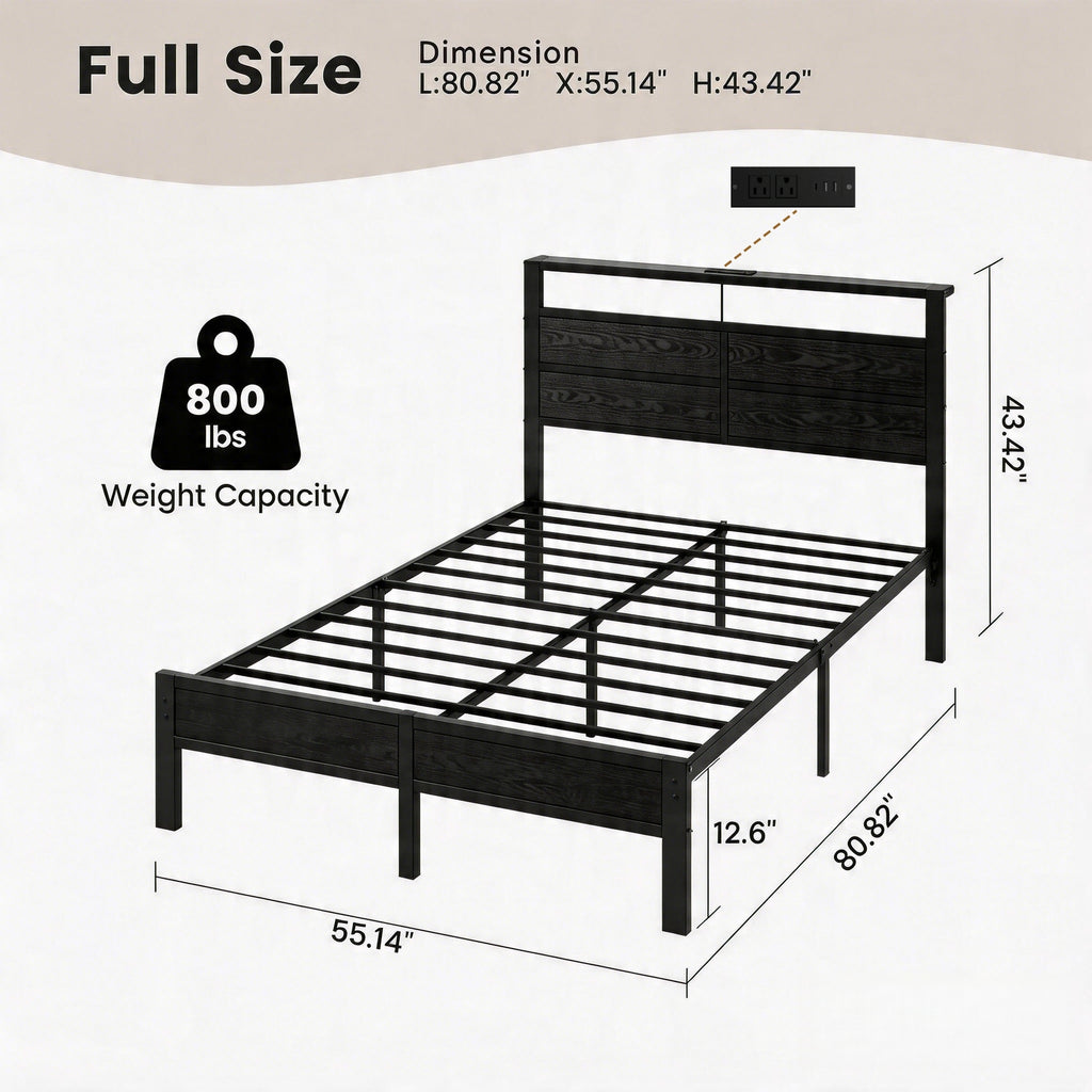 Dayago Full Bed Frames with Charging Station and LED Lights, Full Size Wood Headboard Platform Bed with Metal Slats, No Box Spring Needed and Noise Free, Brown Oak
