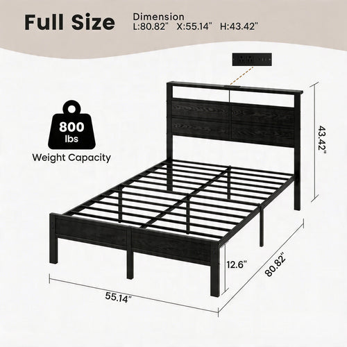 Bexfil Full Size LED Bed Frame with Charging Station, Modern Metal Platform Bed with Wood Headboard, Black Oak
