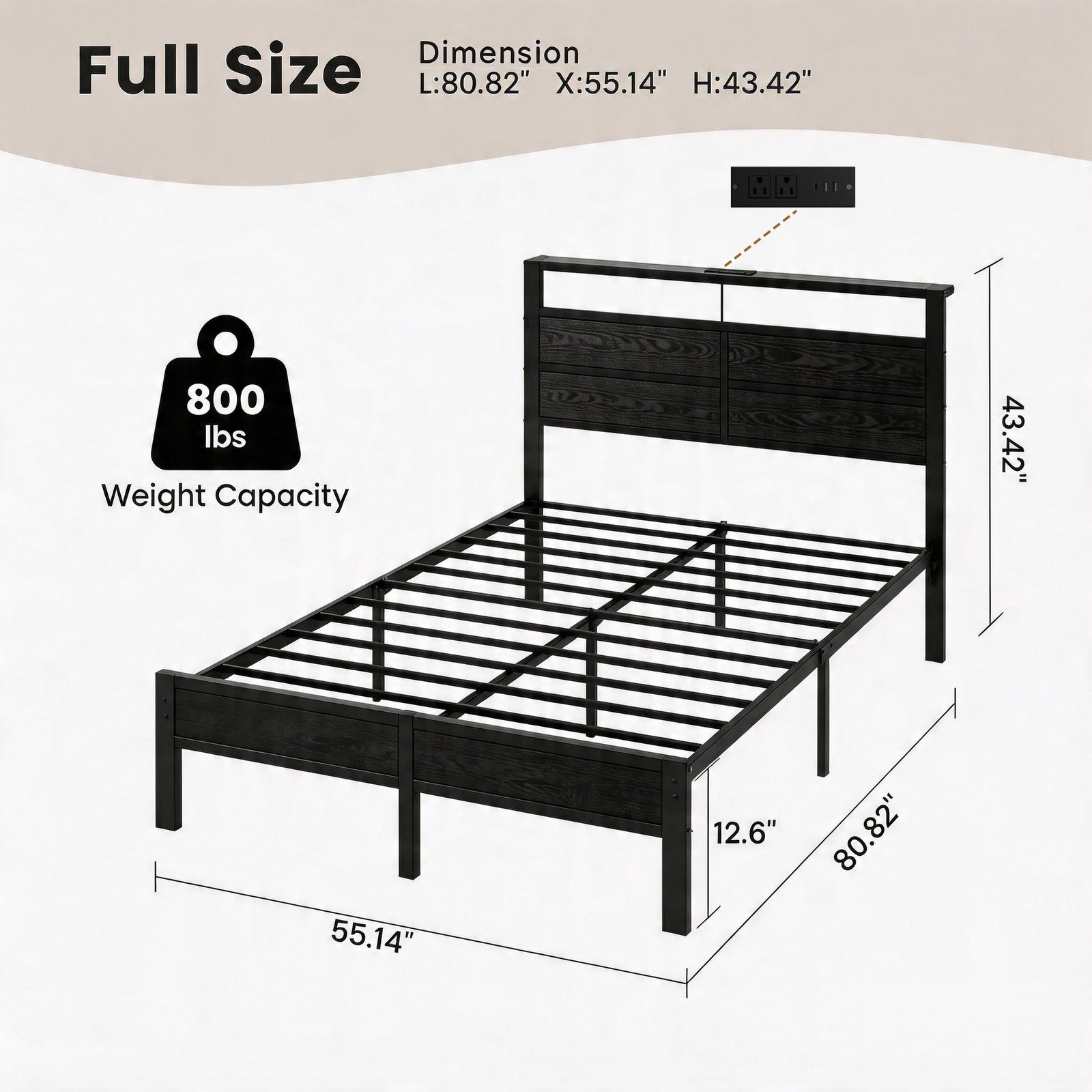 Dayago Full Bed Frames with Charging Station and LED Lights, Full Size Wood Headboard Platform Bed with Metal Slats, No Box Spring Needed and Noise Free, Black Oak