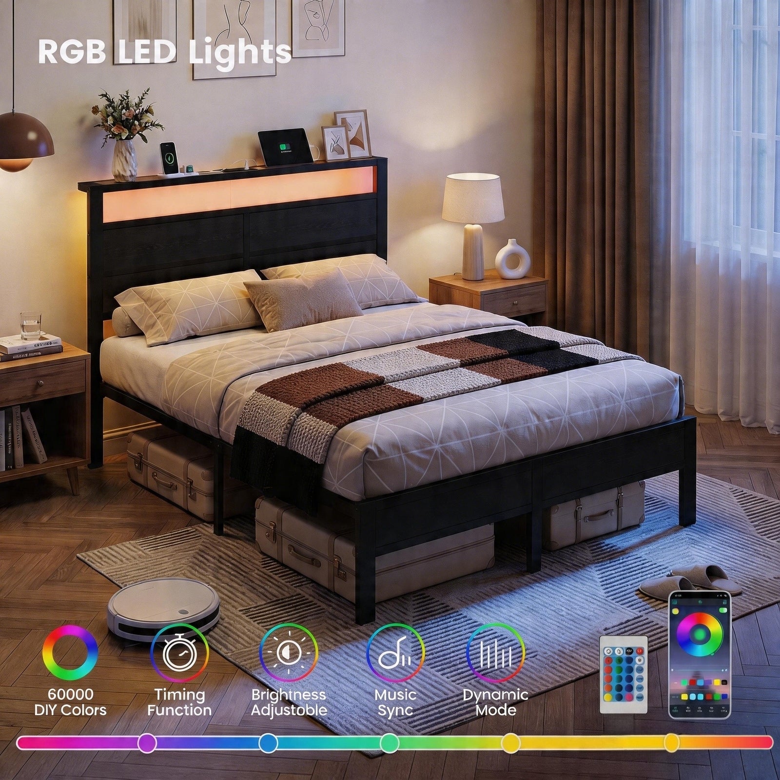 Bexfil Queen Size LED Bed Frame with Charging Station, Modern Metal Platform Bed with Wood Headboard, Black Oak